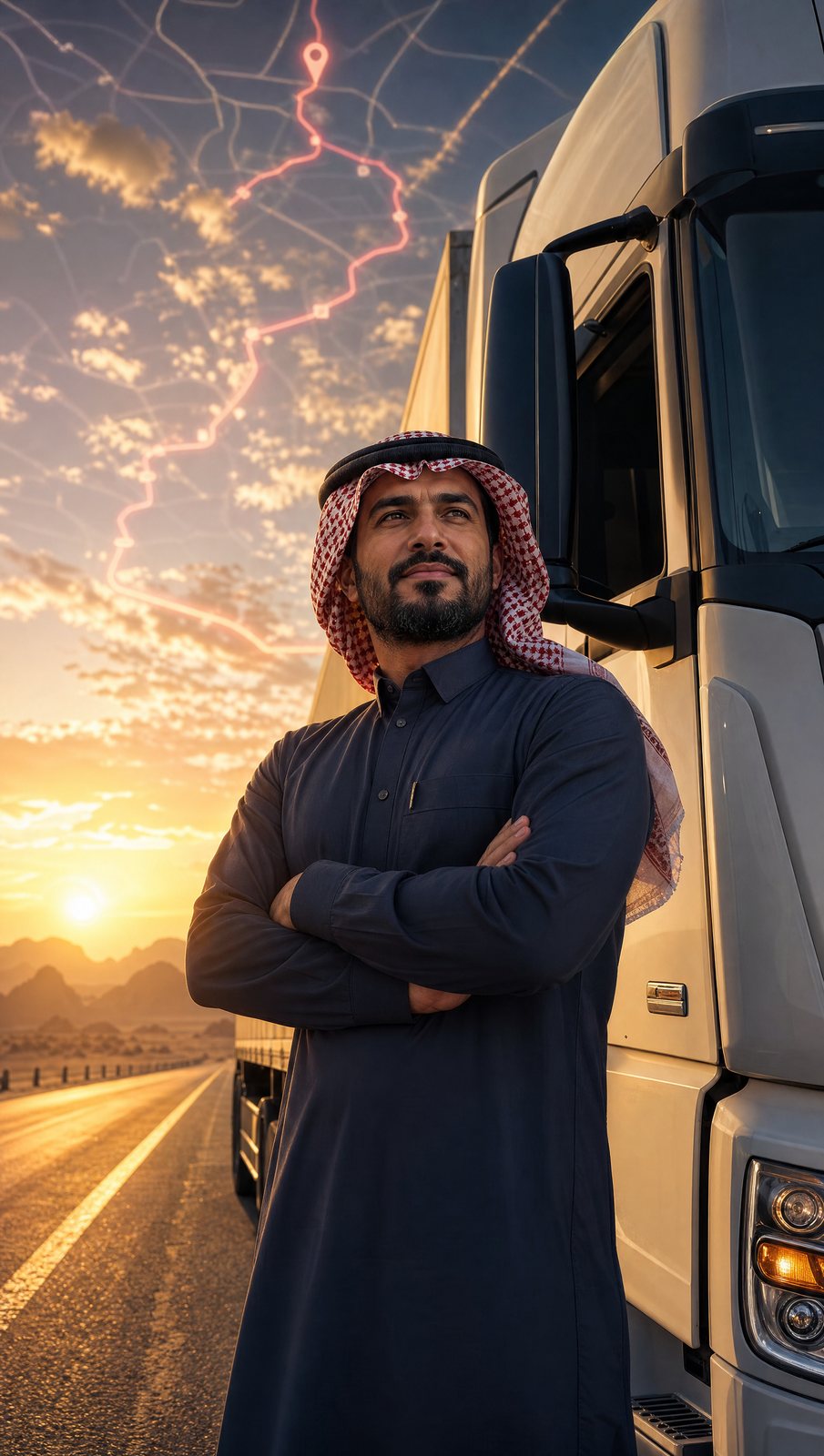 سائق سعودي بجانب شاحنته عند الفجر